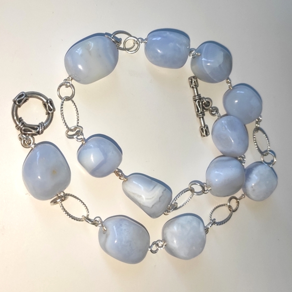 Natural Blue Lace Agate Silver Toggle Clasp Necklace